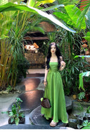 Vogsion Lime Green Maxi Dress for Women 2026 Summer - Real customer wearing flowy spaghetti strap crisscross backless satin vacation beach sundress in tropical garden, not professional model photos