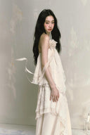 Vogsion Ivory Lace Layered Chiffon Maxi Dress – Romantic Asymmetrical Fairy Slip Dress