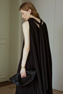 Elegant Black Maxi Dress with Flowing Cape Detail, Sleeveless Evening Gown for Formal, Cocktail & Resort Wear