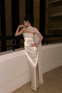 	Vogsion Celeste Ivory Satin Cape Gown – front view strapless beaded bodice and sheer scarf-cape, satin column maxi