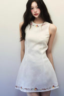 Full body real customer photo in Vogsion summer mini dress, breathable linen-cotton blend, perfect for vacations and casual outings.