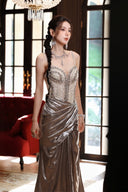 Vogsion Silver Metallic Handcrafted Beaded Corset Mermaid Evening Gown 2026 worn by real customer – handmade luxury prom dress Canada with shimmer metallic fabric and intricate beading, not a professional model photo