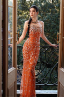 Vogsion 2026 Orange Hand-Sewn Crystal Beaded Strapless Mermaid Evening Gown worn by real customer – luxury sparkly sequin prom dress and wedding guest dress with handcrafted beadwork