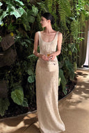 Vogsion ivory lace corset maxi dress with boned waist and beaded column skirt, full length front view