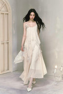 Vogsion Ivory Lace Layered Chiffon Maxi Dress – Romantic Asymmetrical Fairy Slip Dress