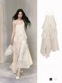 Vogsion Ivory Lace Layered Chiffon Maxi Dress – Romantic Asymmetrical Fairy Slip Dress