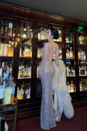 Vogsion Midnight Lumière Hotfix Backless Maxi Gown silver open back floor length evening dress with hotfix shimmer