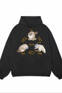 Black hoodie with graphic design of a ragdoll cat and text on a white background