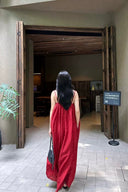 VOGSION “Crimson Ease” Textured Check Maxi Dress