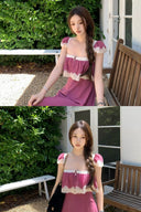 Vogsion Bankelili Pink Fluid Long Maxi Dress with Puff Sleeves Lace Trim Cottagecore Coquette Flowy Romantic Summer Dress – worn by real customer (not professional model) in Melbourne café and garden