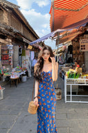 Vintage inspired blue floral slip dress with red flower prints, long maxi sundress with tie front neckline, feminine holiday outfit idea for summer and autumn afternoons.