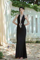 Vogsion Midnight Aurora| Crystal-Embellished Halter Gown with Illusion Floral Back