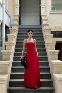 VOGSION “Rouge Élégance” Smocked Waist Prom Gown