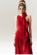 Vogsion Rouge Bloom Dress – elegant red chiffon halter neck dress with rose flower detail, flowy skirt and feminine silhouette perfect for evening or event occasions.