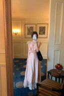 Vogsion Blush Whisper TENCEL™ Ruffle Maxi Dress in Pink worn by real customer outdoors