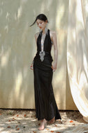 Vogsion Midnight Aurora| Crystal-Embellished Halter Gown with Illusion Floral Back