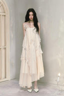 Vogsion Ivory Lace Layered Chiffon Maxi Dress – Romantic Asymmetrical Fairy Slip Dress
