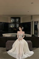 Vogsion Coquette Toile Corset Maxi Dress – real customer photo, front mirror view showing cinched boned waist and airy tulle skirt