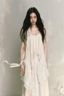 Vogsion Ivory Lace Layered Chiffon Maxi Dress – Romantic Asymmetrical Fairy Slip Dress