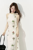 Vogsion White Floral Embroidered Linen Halter Neck Midi Dress with Pockets - Real Customer Photo in White – floral embroidered summer dress 2026, halter midi dress with pockets