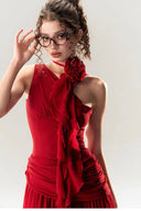 Vogsion Rouge Bloom Dress – elegant red chiffon halter neck dress with rose flower detail, flowy skirt and feminine silhouette perfect for evening or event occasions.