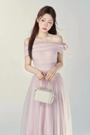 Blush pink off shoulder tulle maxi dress with ribbon detail, romantic evening gown for bridesmaid, wedding guest, prom party, formal occasion outfit