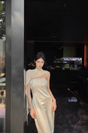 Vogsion Celeste Ivory Satin Cape Gown – close front view highlighting embellished bust and satin sheen