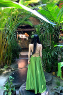 Vogsion Lime Green Maxi Dress for Women 2026 Summer - Real customer wearing flowy spaghetti strap crisscross backless satin vacation beach sundress in tropical garden, not professional model photos