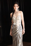 Vogsion Silver Metallic Handcrafted Beaded Corset Mermaid Evening Gown 2026 worn by real customer – handmade luxury prom dress Canada with shimmer metallic fabric and intricate beading, not a professional model photo