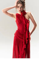 Vogsion Rouge Bloom Dress – elegant red chiffon halter neck dress with rose flower detail, flowy skirt and feminine silhouette perfect for evening or event occasions.