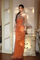 Vogsion 2026 Orange Hand-Sewn Crystal Beaded Strapless Mermaid Evening Gown worn by real customer – luxury sparkly sequin prom dress and wedding guest dress with handcrafted beadwork