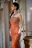 Vogsion 2026 Orange Hand-Sewn Crystal Beaded Strapless Mermaid Evening Gown worn by real customer – luxury sparkly sequin prom dress and wedding guest dress with handcrafted beadwork