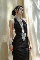 Vogsion Midnight Aurora| Crystal-Embellished Halter Gown with Illusion Floral Back