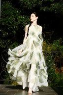 Vogsion sage green tiered ruffle maxi dress featuring a high halter neckline, botanical floral print on sheer tulle, and a voluminous floor-length skirt.