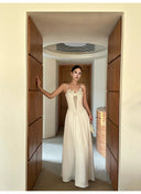 Vogsion® Ariadne Floral Lace-Up Corset Maxi – Ivory Silk Satin Gown