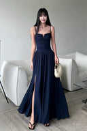 Vogsion Midnight Siren Navy Blue Maxi Dress with notched neckline, ruched bodice, high leg slit, and criss-cross lace-up open back.