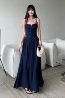 Vogsion Midnight Siren Navy Blue Maxi Dress with notched neckline, ruched bodice, high leg slit, and criss-cross lace-up open back.