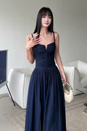 Vogsion Midnight Siren Navy Blue Maxi Dress with notched neckline, ruched bodice, high leg slit, and criss-cross lace-up open back.