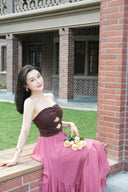 Vogsion Rosewood Corset Top and Flowing Maxi Skirt Two-Piece Set with waist-shaping corset and romantic pink maxi skirt