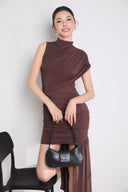 Vogsion Chocolate Drape Asymmetric Mini Dress worn by real customer, ruched one shoulder brown evening dress with sculpting fit