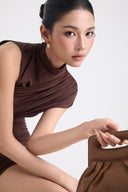 Vogsion Chocolate Drape Asymmetric Mini Dress worn by real customer, ruched one shoulder brown evening dress with sculpting fit