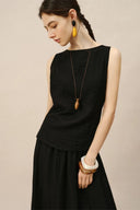 Vintage-Inspired Linen Blend Two-Piece Set – Sleeveless Top & Midi Skirt