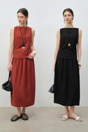 Vintage-Inspired Linen Blend Two-Piece Set – Sleeveless Top & Midi Skirt