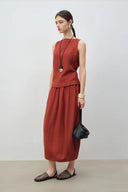 Vintage-Inspired Linen Blend Two-Piece Set – Sleeveless Top & Midi Skirt
