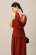 Vintage-Inspired Linen Blend Two-Piece Set – Sleeveless Top & Midi Skirt