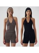 Pure Wool 2-Piece Knit Lounge Set – Halter Top, Oversized Cardigan and Knit Shorts | Minimalist Fall Winter Outfit for Women