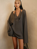 Pure Wool 2-Piece Knit Lounge Set – Halter Top, Oversized Cardigan and Knit Shorts | Minimalist Fall Winter Outfit for Women