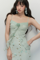 Floral Maxi Vacation Dress in Blush Pink & Lemon Green – Summer Beach Holiday Outfit, Resort Wear, Wedding Guest Dress, Romantic Chiffon Ruffle Evening Gown