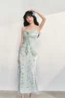 Floral Maxi Vacation Dress in Blush Pink & Lemon Green – Summer Beach Holiday Outfit, Resort Wear, Wedding Guest Dress, Romantic Chiffon Ruffle Evening Gown