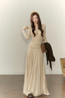 Beige Knit Top & Maxi Skirt Set with Wool Scarf – Autumn Winter Cozy Elegant Outfit, Minimalist Neutral Tones